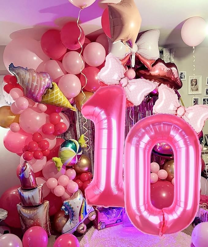 40 Inch Pink Number 10 Balloon with Mini Bow Balloon for Girls 10th Birthday Party Decorations, Pink Princess Western Cowgirl Theme Sweet Ten Birthday Party Balloons Decorations Supplies Favors