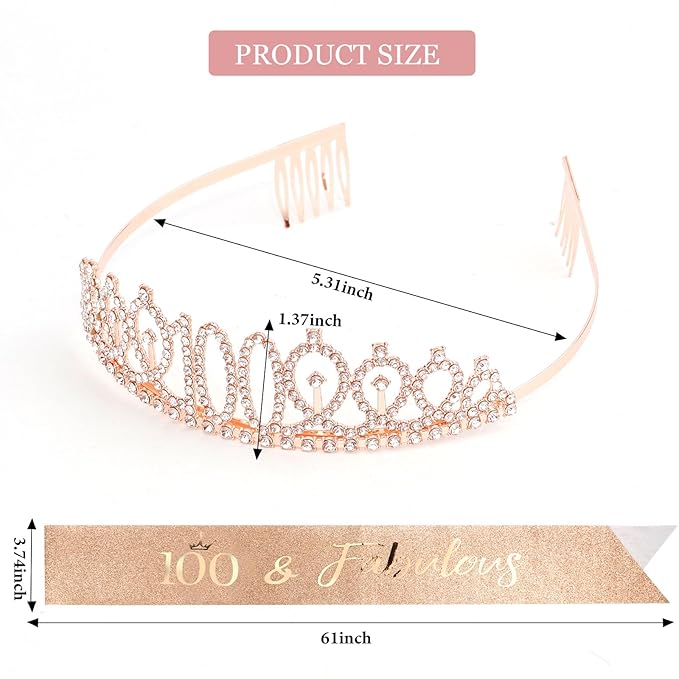 CIEHER 100th Birthday Crown + Sash + Pearl Pin Set, Fabulous 100th Birthday Gifts for Women, Happy Birthday Party Supplies