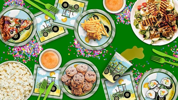 Green Farm Tractor Time Birthday Party Supplies Set Plates Napkins Cups Kit for 16