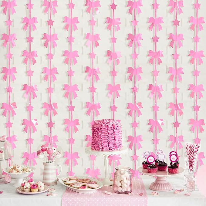 Bow Party Decorations, 2 Pack Pink Coquette Birthday Party Supplies, 3.3 X 6.6 ft Foil Fringe Curtains, Pink Bow Photo Booth Props Backdrop for Girls, Baby Pink, Bridal Shower Party Decor