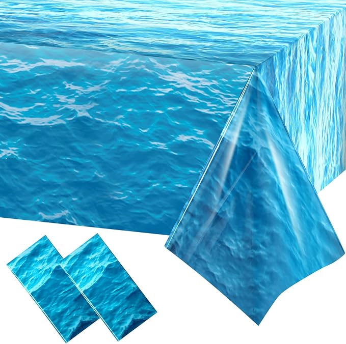 Irenare 2 Pieces Ocean Waves Plastic Tablecloth 54 x 108 Inch Ocean Table Cover Water Print Table Cover Sea Tablecloth Blue for Beach Pool Birthday Party Decoration Shower Supplies