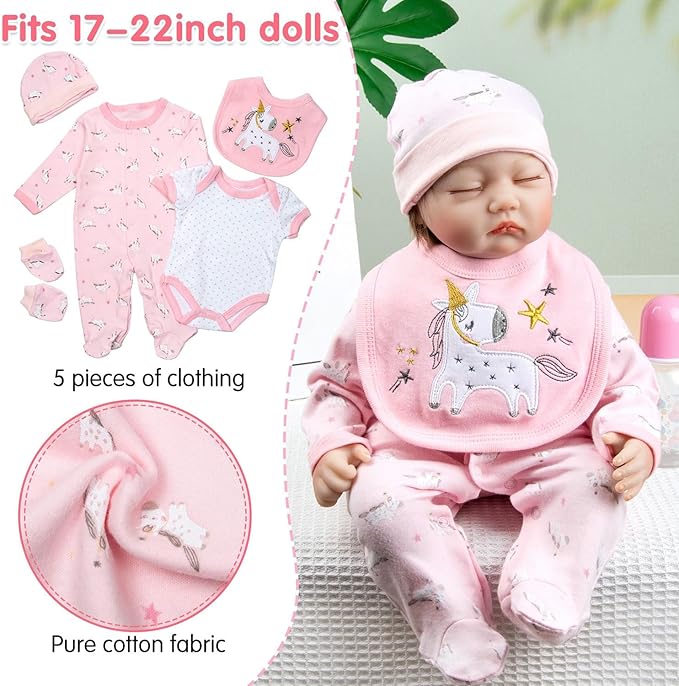 13 Pcs Reborn Baby Doll Clothes Pink Outfit Accessories for 17-22 Inches Babydolls Reborn Girl Doll Clothes Newborn Baby Accessories Set with Unicorn Backpack