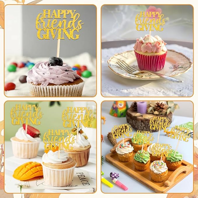 Happy Friendsgiving Cupcake Toppers, 24 PCS Glitter Happy Thanksgiving Cupcake Picks, Gold Give Thanks Cake Decorations Food Picks for Happy Thanksgiving Day Themed Birthday Party Decoration Supplies