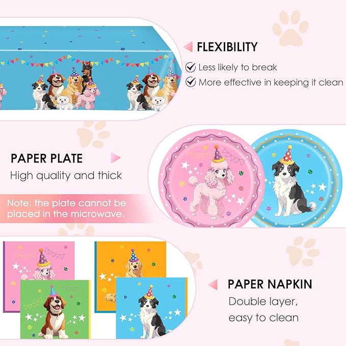 41Pcs Pet Dog Birthday Party Supplies Retro Dog Paper Plates and Napkins Colorful Puppy Birthday Plastic Tablecloth Tableware Disposable Pet Dinnerware Decor Set for Kids Party Baby Shower Table Decor
