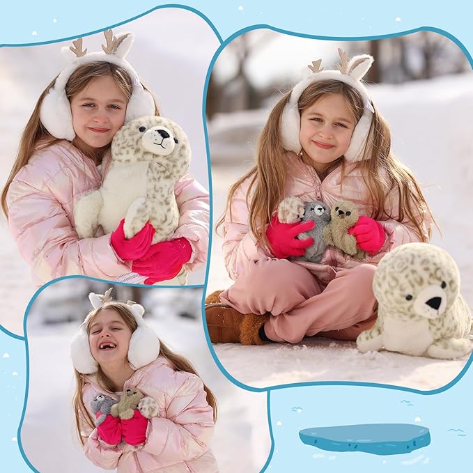 4 Pcs Seal Stuffed Animal Set, 20" Mother Plush Toy with 3 Babies in Mom's Belly, Cute Leopard Stuffed Seal Plushie for Girls Boys Kids, Kawaii Chirstmas Bithday