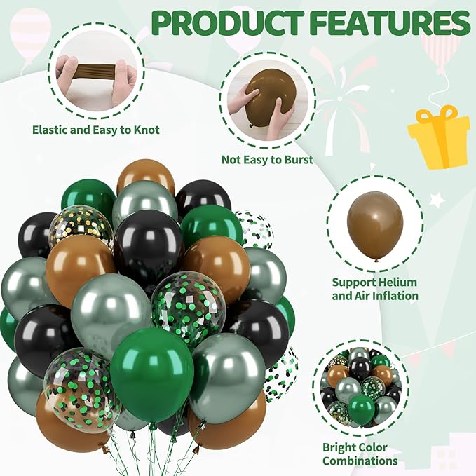 Paready Green and Brown Balloons, 50 Pcs Dark Green Black Confetti Balloon Retro Coffee Metallic Balloons Helium for Boys Camping Game Army Jungle Theme Camo Birthday Baby Shower Party Decorations
