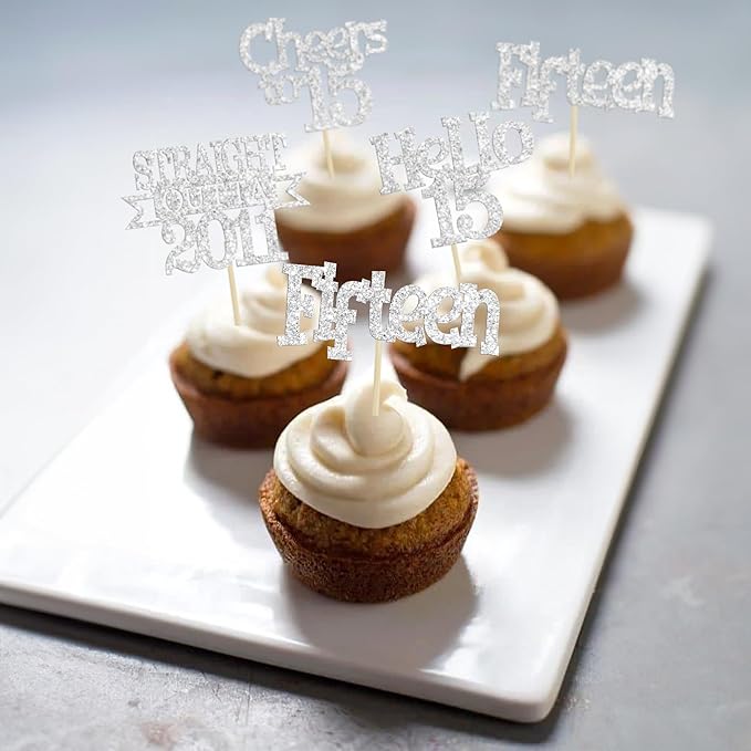 Ephlyn 24Pcs 15th Birthday Cupcake Toppers Glitter Straight Outta 2011 Cupcake Picks Hello 15 Cheers to 15 Years Cake Decorations for 15th Birthday Anniversary Party Decorations Supplies Silver