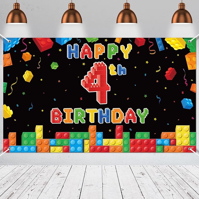 Panelee Building Block Birthday Banner Building Blocks Party Backdrop Decoration Happy Birthday Banner Photography Background for Party, 72.8 x 43.3 Inch (Black,4th)