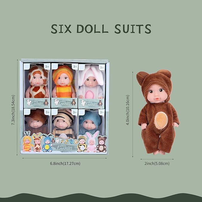 6PCS 4inch Mini Dolls Set - Baby Doll with 6 Animal Outfits & Accessories, Reborn Baby Dolls for Kids Role Play, Perfect Birthday for Children Ages 3+