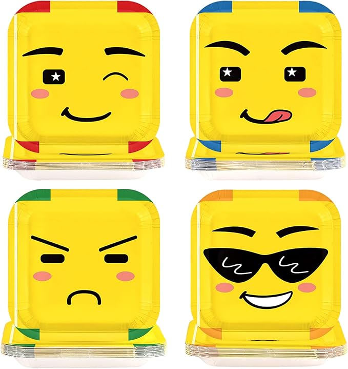 60Pcs Building Birthday Party Paper Plates 7 Inch Disposable Heavy Duty Yellow Character Face Block Plates Cartoon Building Party Decorations Favors for Games Birthday Party Supplies