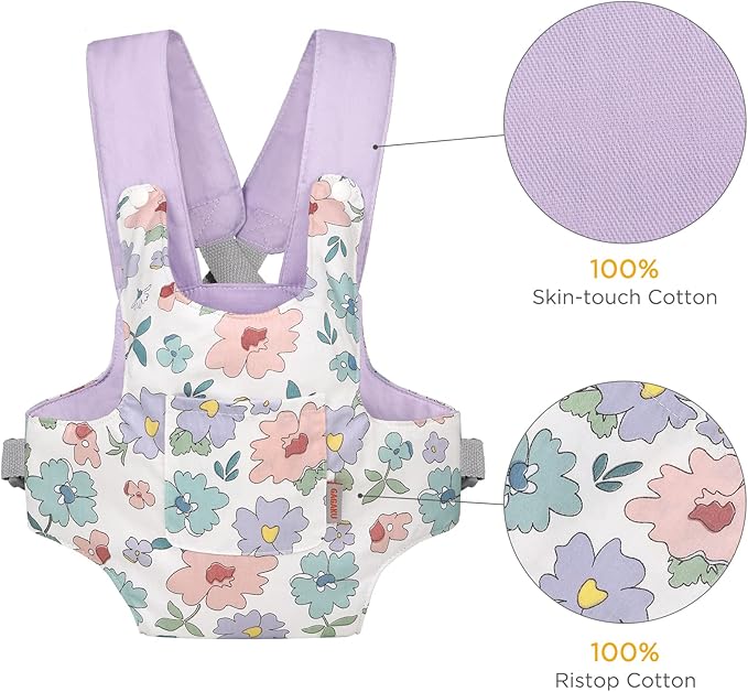 GAGAKU Baby Doll Carrier for Kids, Stuffed Animal Carrier Reborn Baby Carrier with Adjustable Straps, Baby Doll Accessories - Purple (Flowers)