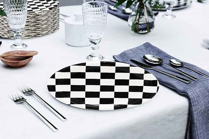 40 Pcs Race Car Birthday Party Supplies Black and White Checkered Party Supplies 7"Checkered Paper Plate,Black White Plate for Kids Car Sports Themed Racing Birthday Party Decorations (Black White)