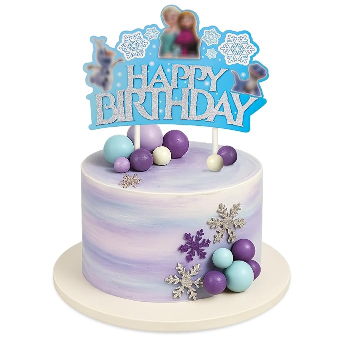 Winter Princess Happy Birthday Cake Topper for Girls -Easy to Install Cake Topper Decorations Made of Thick Paper Card with Glossy Texture - Vivid Adorable Design with Snowflakes & Magical Princesses