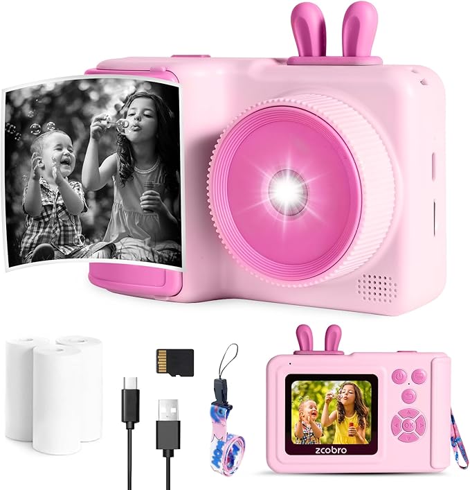 Kids Camera Instant Print for Boys and Girls Age 3-12, 1080P Kid Digital Camera with Print Paper Cameras for Kids Christmas Birthday Gifts Toy for Child 3 4 5 6 7 8 9 10 (Pink)