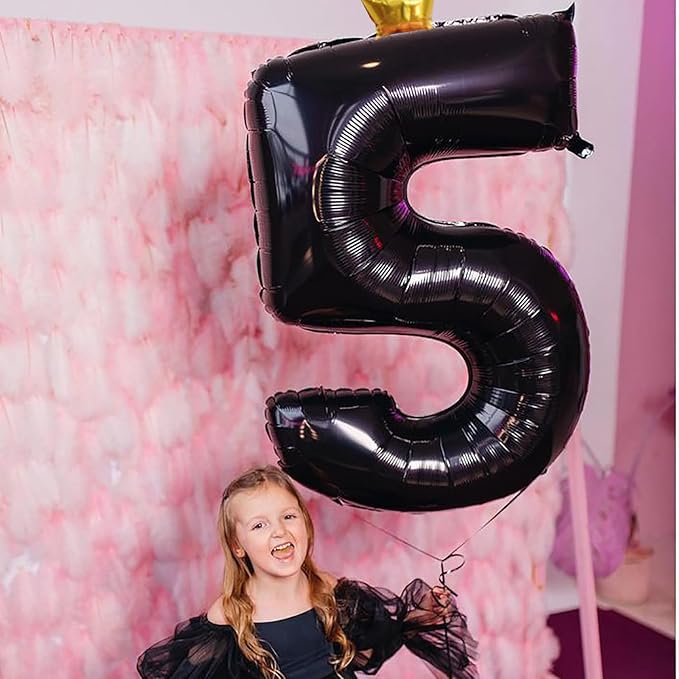 40 Inch Black 5 Number Balloons for Kids, Giant Foil 5th Birthday Number Balloon, Crown Self Inflating Balloons 0-9 Set for Girls Boys 15th Birthday Party Decor Anniversary Decorations Boys Supplies