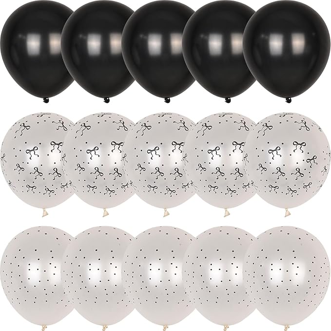 Black and White Bow Balloons, Pearl Black White Bow Print Latex Balloons for Women Girls Coquette Birthday Bachelorette Wedding Bridal Shower Engagement Anniversary Party Decorations