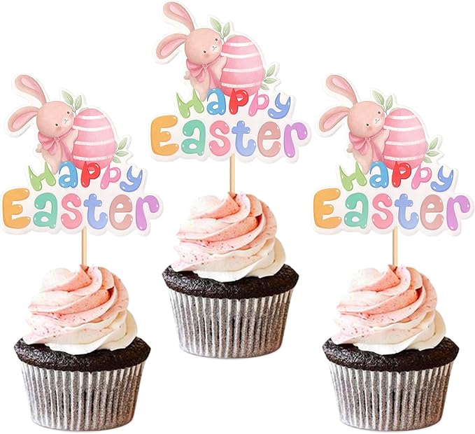 Ercadio 24Pcs Printed Happy Easter Cupcake Toppers Cute Easter Rabbit Eggs Cupcake Picks for Easter Baby Shower Kids Boys Girls Birthday Party Cupcake Decoration Supplies