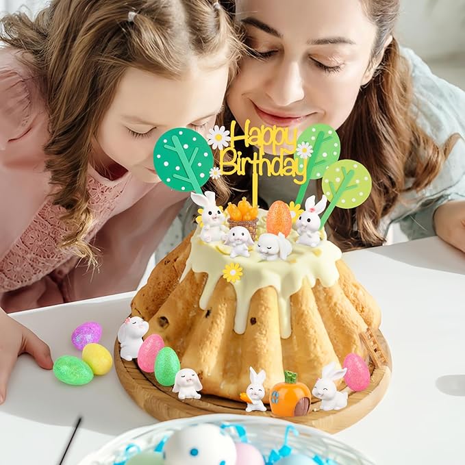 Hooqict 29Pcs Easter Cake Decorations Set with Mini Rabbits, Easter Eggs, Carrots, Happy Birthday Bunny Cake Topper & Cupcake Topper for Kids Bunny Birthday Decorations Rabbit Themed Party Supplies