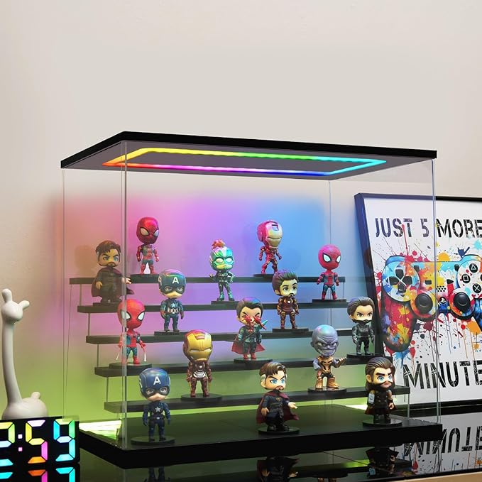 Clear Acrylic Display Case with Light , 6 Tier Multiple Color Lights Display Box Stand Assembly Dustproof Protection Showcase for Collectibles Action Figures (Black 6 Tier L 19.7*12.6*16.5in)