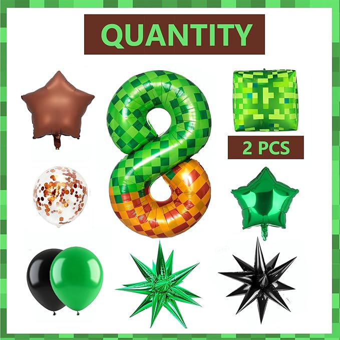 Green Pixel Miner Number 8 Foil Balloon Set 40 Inch Large Mylar Mining Theme Brown 8th Number Balloons Pixel Cubes Boxes Video Game Birthday Party Decorations 10Pcs