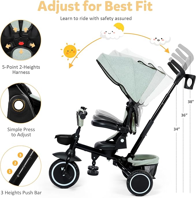 Folding Kids Tricycle, 8 in 1 Toddler Trike W/Removable & Adjustable Canopy, Parent Handle, 5-Piont Harness, Toddler Bike Tricycle for Kids 1-6 Years, EVA Wheels, Storage Basket, Green
