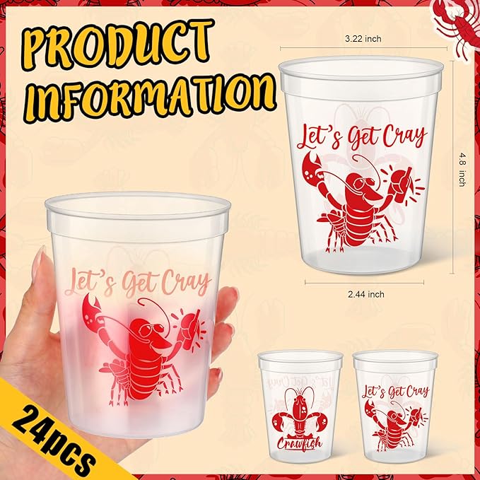 24 Pcs Plastic Crawfish Cups 16 oz Reusable Thick Crawfish Boil Party Supplies Clear Drinking Cups for Birthday Lobster Seafood Party Decorations Favors Gift