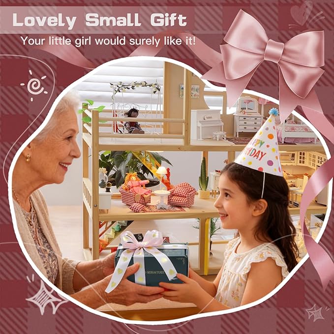 iLAND Cute Kids Toys for Girls 6-8 Lovely Dollhouse Furniture on 1/12 Scale Gingham Doll House Couch Set inc 2 Miniature Sofas 1 End Table 1 Rug Small for Girls