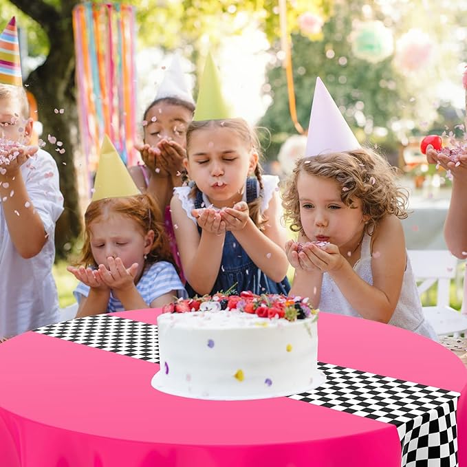 Oudain 3 Pcs Cars Birthday Party Supplies Racing Party Decorations Round Racing Tablecloth Checkered Flag Table Covers Road Plastic Table Cloth, 1950s Disco Dancing Party Tablecloth (Pink)