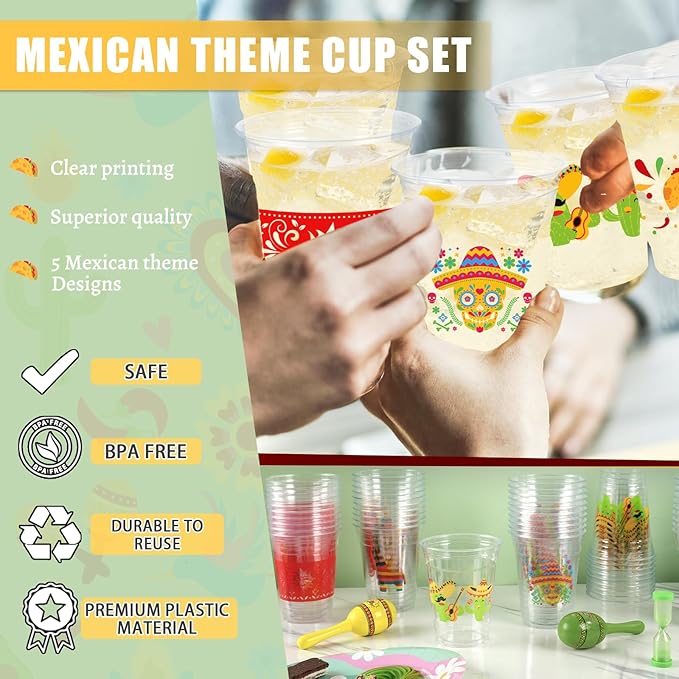 100Pcs Fiesta Cups,12 OZ Plastic Disposable Clear Mexican Cups for Cinco De Mayo Drinkware Party Supplies Fiesta Taco Birthday Party Decorations, 5 Designs