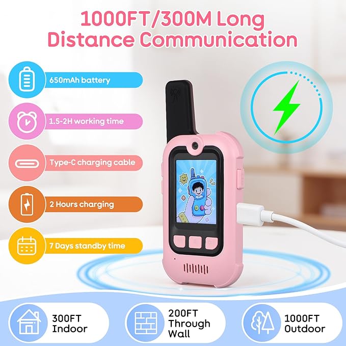 Video Walkie Talkies for Kids with Real-Time Screen & Voice Changer, 1000FT Long Range Kids Walkies Talkies, USB-C Rechargeable & Cute Stickers, Outdoor Toys for Family Games, Camping, Hiking