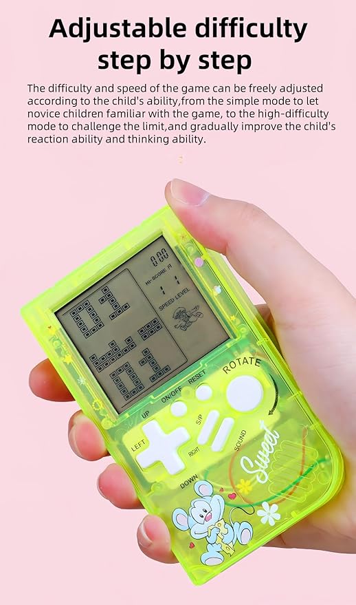 Kids Brick Game Console Small Portable Transparent Body Built-in 23 Retro Blocks Games Adjustable Difficulty/Speed Powered by 2 AAA Batteries Kids/Students Birthday Toys (Purple)