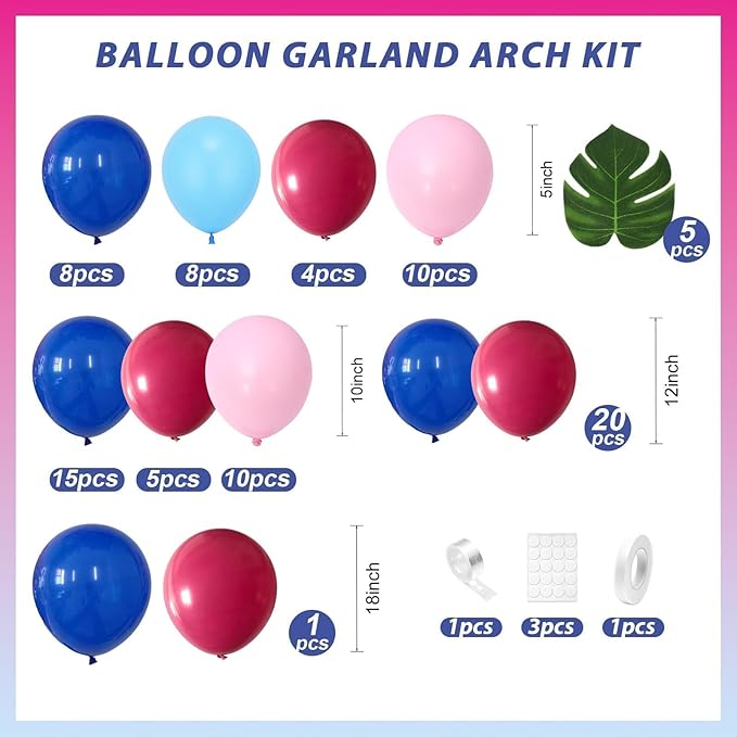Blue Balloon Arch Kit,Royal Light Blue Hot Pink Balloons with Palm Leaves for Girl Boy Themed Birthday Party Decorations Baby Shower Graduation Summer Pool Hawaii Tropical Party Supplies