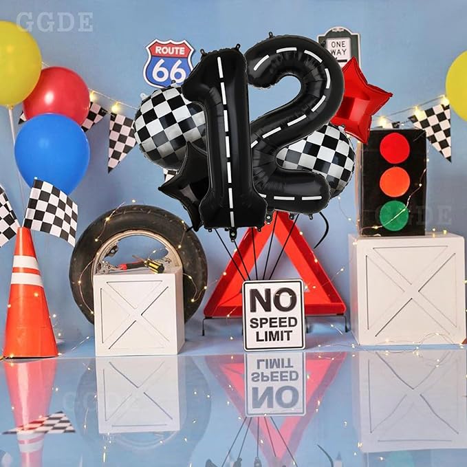 Race Car Birthday Balloons 40 Inch Racetrack Number Balloon 12 Black Boys 12st 21st Birthday Race Car Theme Party Decor Supplies 6 Pcs