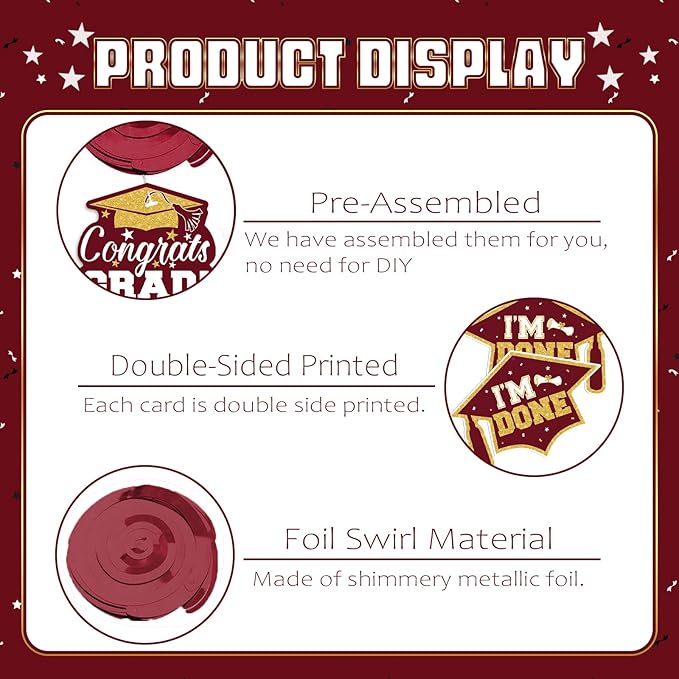 2026 Graduation Party Decorations - 30 Pcs Maroon Gold Class of 2026 Congrats Grad Hanging Swirl Ceiling Decor for Home School Classroom Graduation Party Supplies