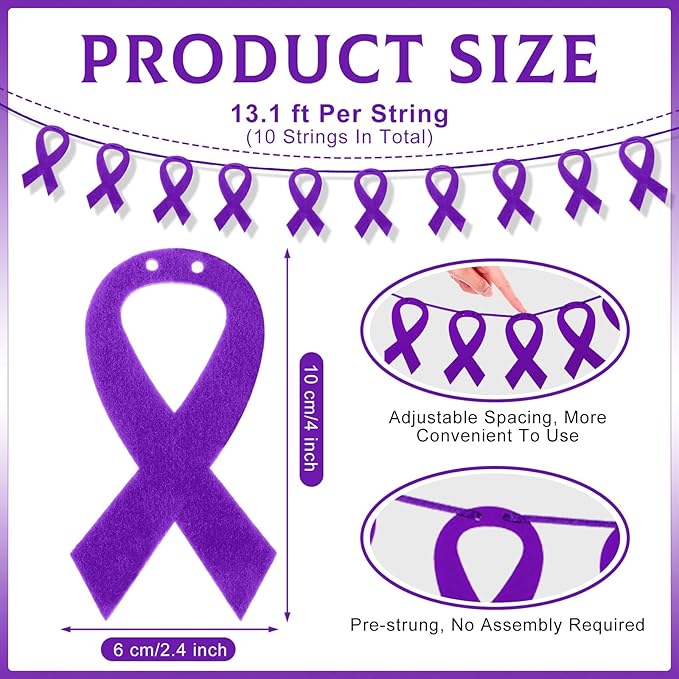 VitalCozy 10 Pcs Ribbon Awareness Banner 13.1 ft Ribbon Garland Cancer Awareness Decor Cancer Free Decorations for Society Events Groups Fundraisers Party Supplies(Purple)