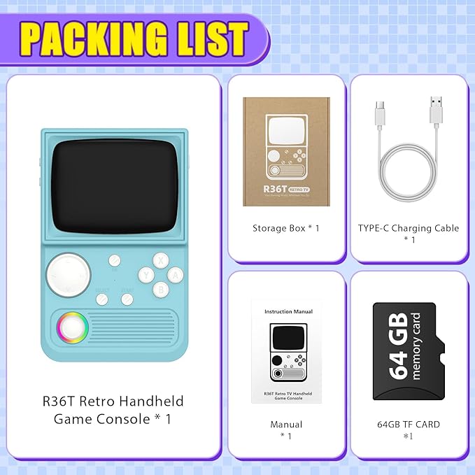 R36T Retro Gaming Console, 3.5'' IPS Screen CRT-Inspired, Handheld Game Console with 18000+ Classic Games Supports WiFi Networked Fighting and OTG, 3500mAh Battery, with Portable Case（Blue 64GB）