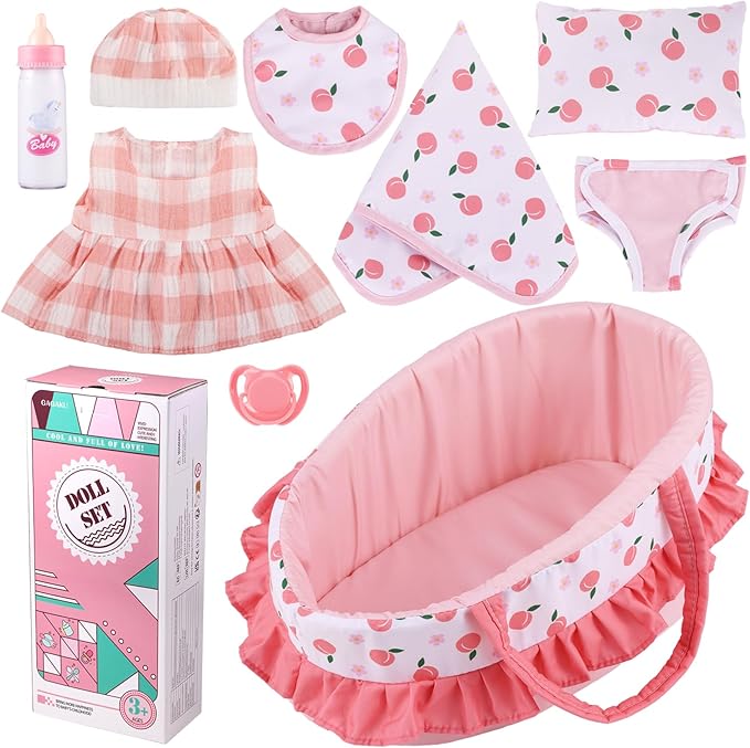 GAGAKU Baby Doll Bassinet Carrier, 12 Inch Baby Doll Accessories Set, Baby Doll Carrier Accessories for 12 Inch Baby Dolls, Including Magic Baby Bottle, Bib, Pacifier, Diaper