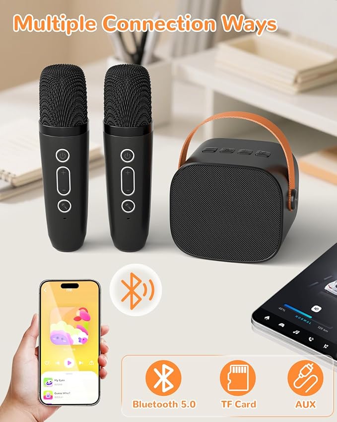 Mini Karaoke Machine for Kids Adults,Portable Bluetooth Karaoke Speaker for Adults Kids with 2 Microphones for 6 7 8 9 10 11 12 Years Old Girls Boys Gifts Toys for Christmas Birthday,Black
