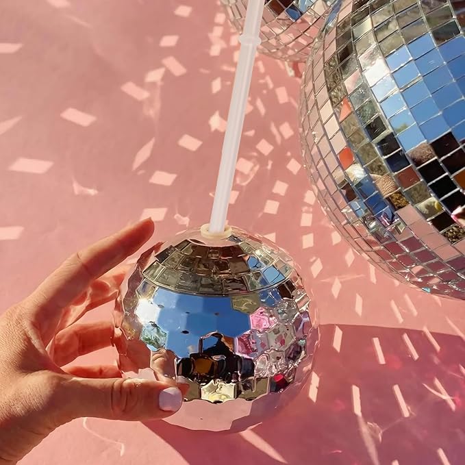 Disco Ball Cups, 20OZ Disco Party Cups with Lid and Reusable Straw Flash Ball Cocktail Cup for Party Nightclub Bar Supplies Wine Drinking Syrup Tea Bottle (50, Sliver)