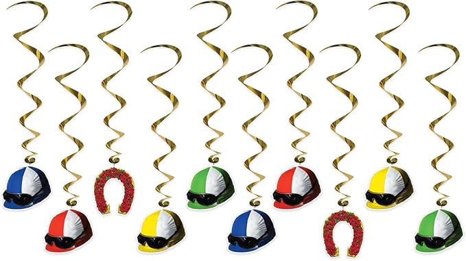 Beistle 10 Piece Derby Day Jockey Helmet Whirls Hanging Spirals for Horse Racing Party Decorations, 37", Multicolor