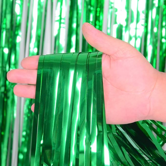 Melsan Green Fringe Backdrop Tinsel Foil Curtains for Dinosaur Jungle Birthday Party Decorations, 3.2ft x 8ft Streamer Photo Backdrop for Christmas, Football Event, Pack of 2