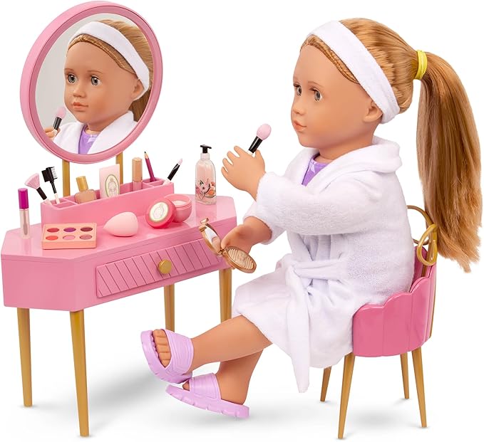 Our Generation - Pink Vanity Table and Chair Set - Makeup & Mirror - 18" Doll Accessories - Imaginative Play - Toys for Kids 3 and Up - Fabulous Play Set of