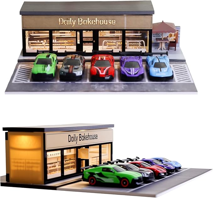 1/64 Model Car Display Shop Case for Adults, Premium in-House-Design Scale Diecast Parking Garage for Toy Cars, Toys Car Garage, Scenic Diorama Display Car Park with ith LED Lamps, Gifts for Men