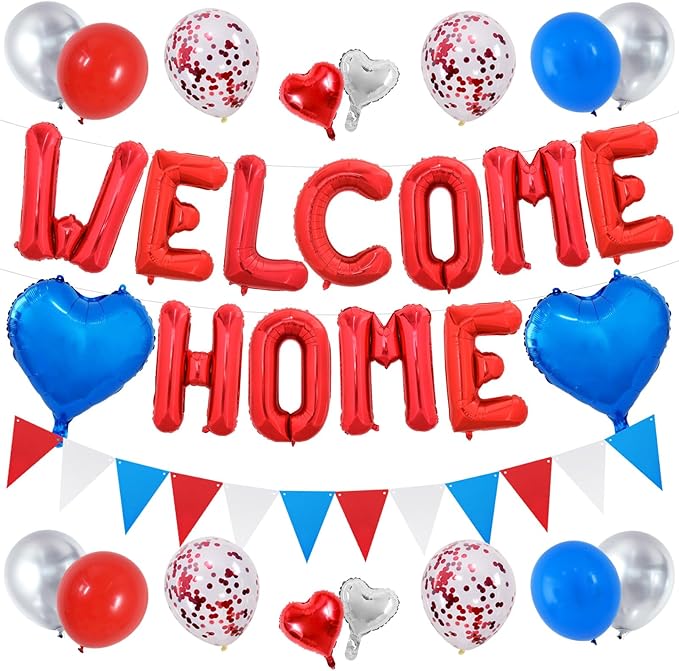 TONIFUL Welcome Home Decorations,16 Inch Red Welcome Home Foil Balloon Banner Red Blue White Confetti Balloons Pennant Flag Bunting for Homecoming Party House Warming Party Family Gathering Supplies
