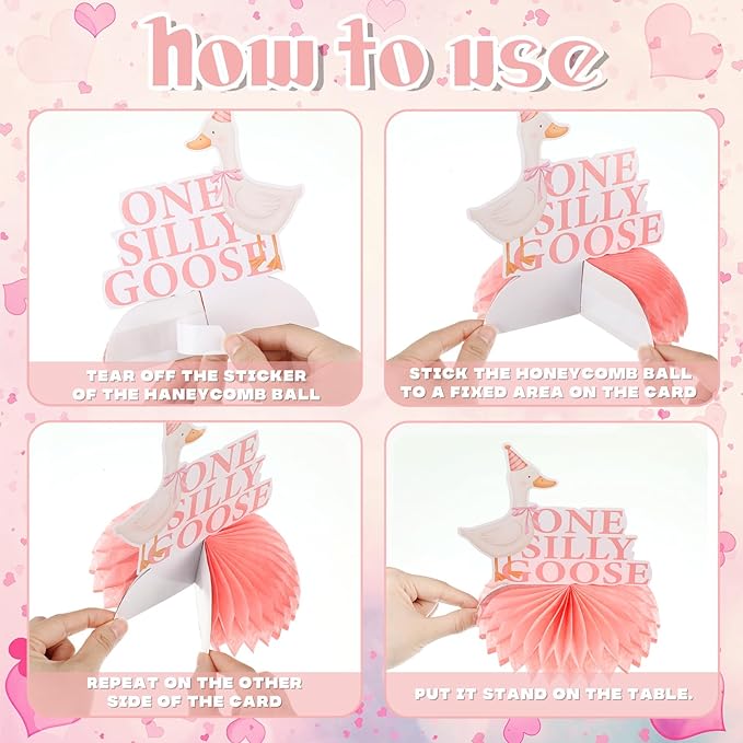8 Pcs One Silly Goose Birthday Decorations Silly Goose Birthday Honeycomb Centerpieces Pink 1st Party Supplies for Women Pink Bow Duck Funny Party Supplies