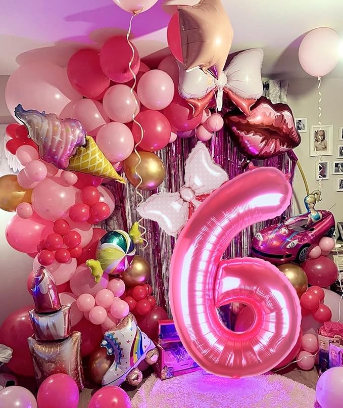 40 Inch Pink Number 6 Balloon with Mini Bow Balloon for Girls 6th Birthday Decorations, Pink Princess Western Cowgirl Theme Birthday Party Balloons Decorations Supplies