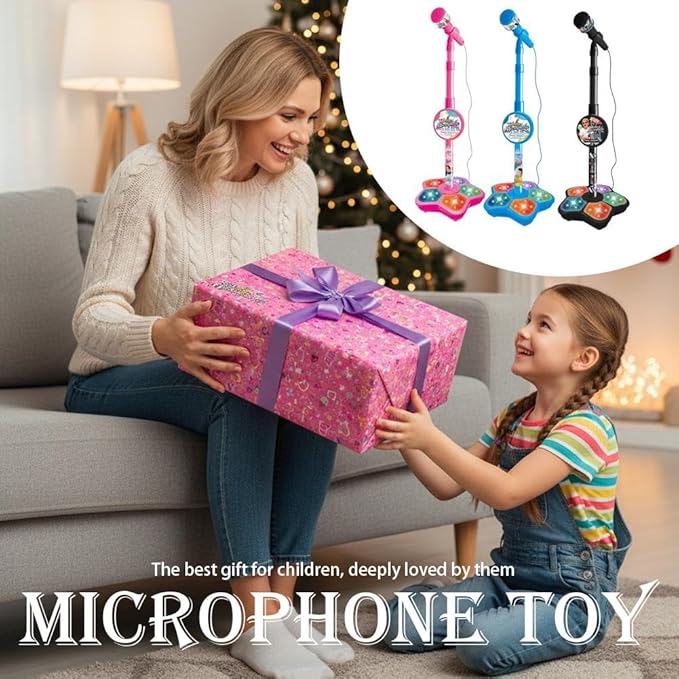 Kids Microphone with Stand,Karaoke Machine Kid,Microphone with Flashing Stage Lights Adjustable Stand Gift for Age 3+ Years Old Children,Musical Toy for Fun Sound Effects, for Children (Black)