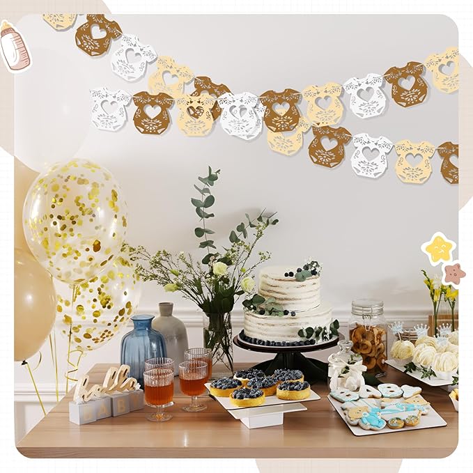 2 Pack Cielito Lindo Papel Picado Baby Shower Banner Decoration, Mexican 24 Pcs Bodysuit Card with Hanging String Fiesta Garland for Gender Baby Shower Party Supplies(Rustic Color)