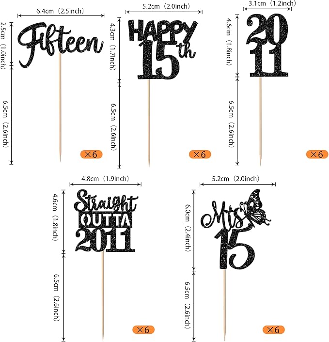 30PCS Black 15th Birthday Cupcake Toppers Glitter Fifteen Happy 15 Straight Outta 2011 Cupcake Picks for Cheers to 15 Years 15th Birthday Wedding Anniversary Party Decorations Supplies