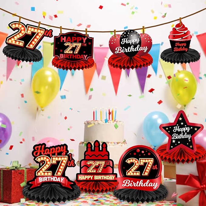 Happy 27th Birthday Red and Black Table Honeycomb Centerpieces Balloons Theme Decor Table Decorations Table Toppers for Girls Women Princess 27 Years Old Birthday Party Bday Supplies Background Gold